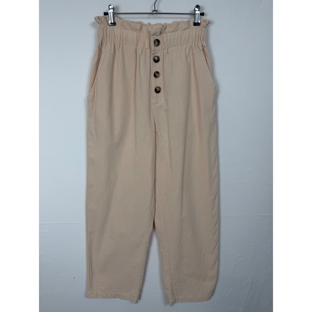 Emery Rose Womens M Paperbag Waist Pants Peach Beige Good High Rise Button Front